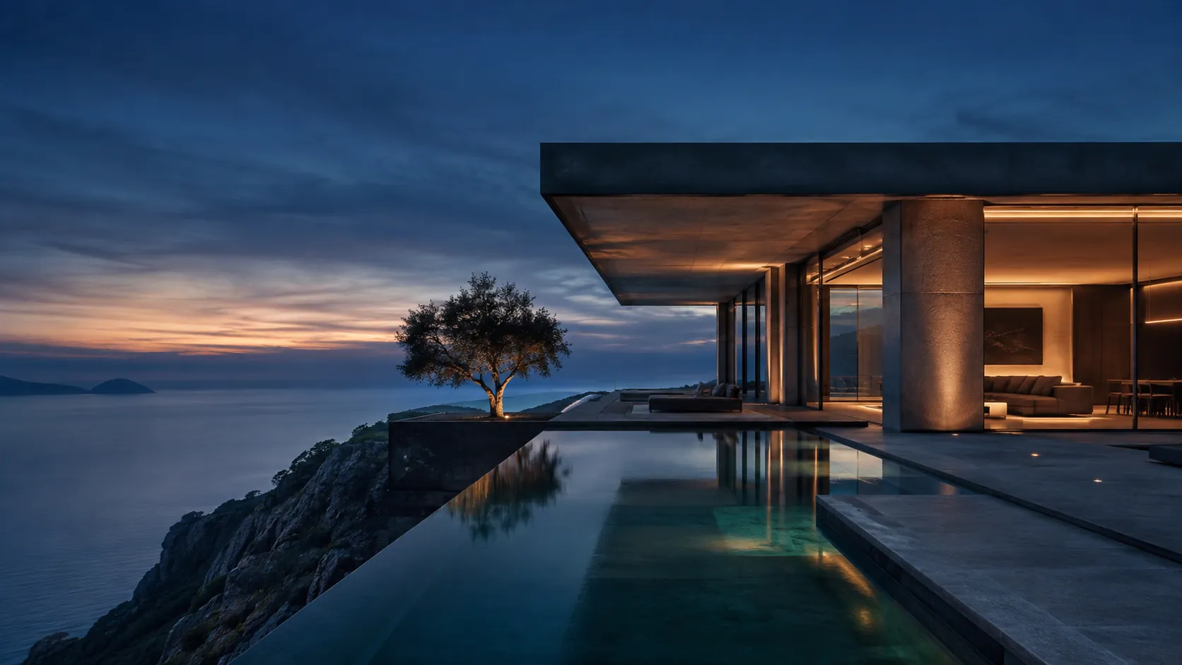 Cliff-edge villa exterior at dusk